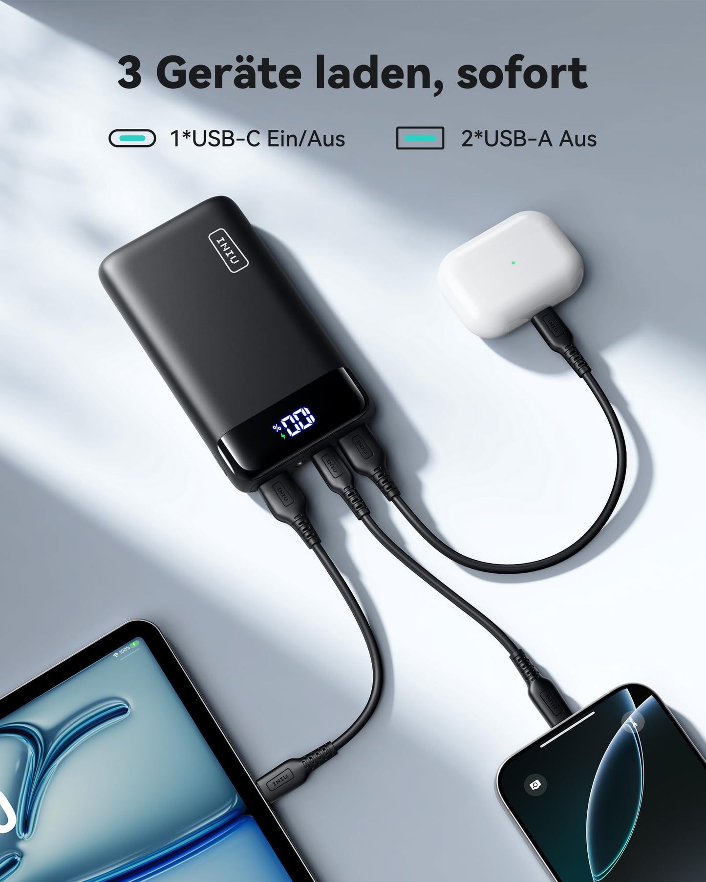 INIU Power Bank 20000mAh, 22.5W Schnellladung, 1x USB-C, 2x USB-A, LED Display, Mini Powerbank für iPhone, Samsung, iPad, Outdoor