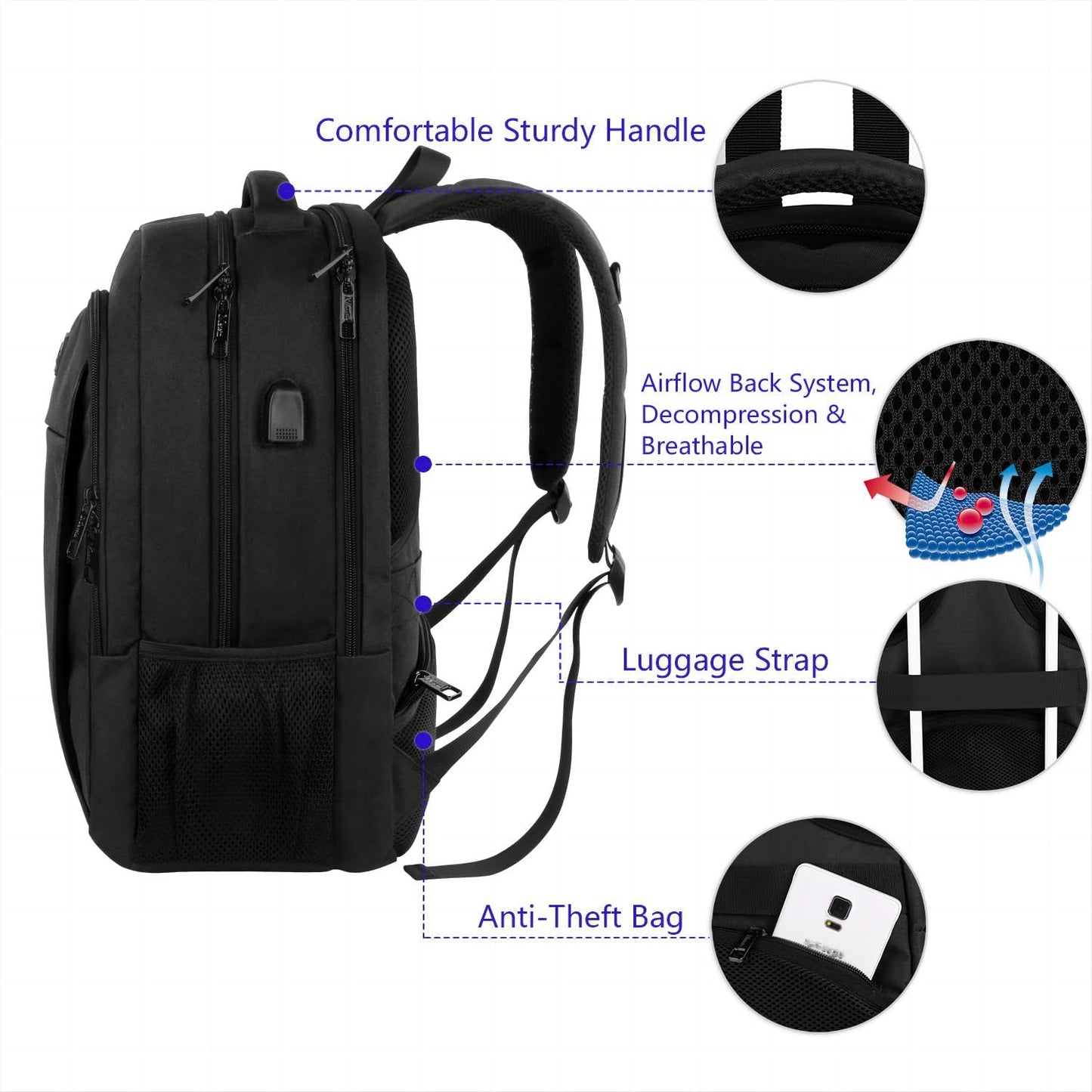 MATEIN Business Laptop Rucksack, 15,6 Zoll, mit USB-Ladeanschluss, wasserabweisend, Schwarz