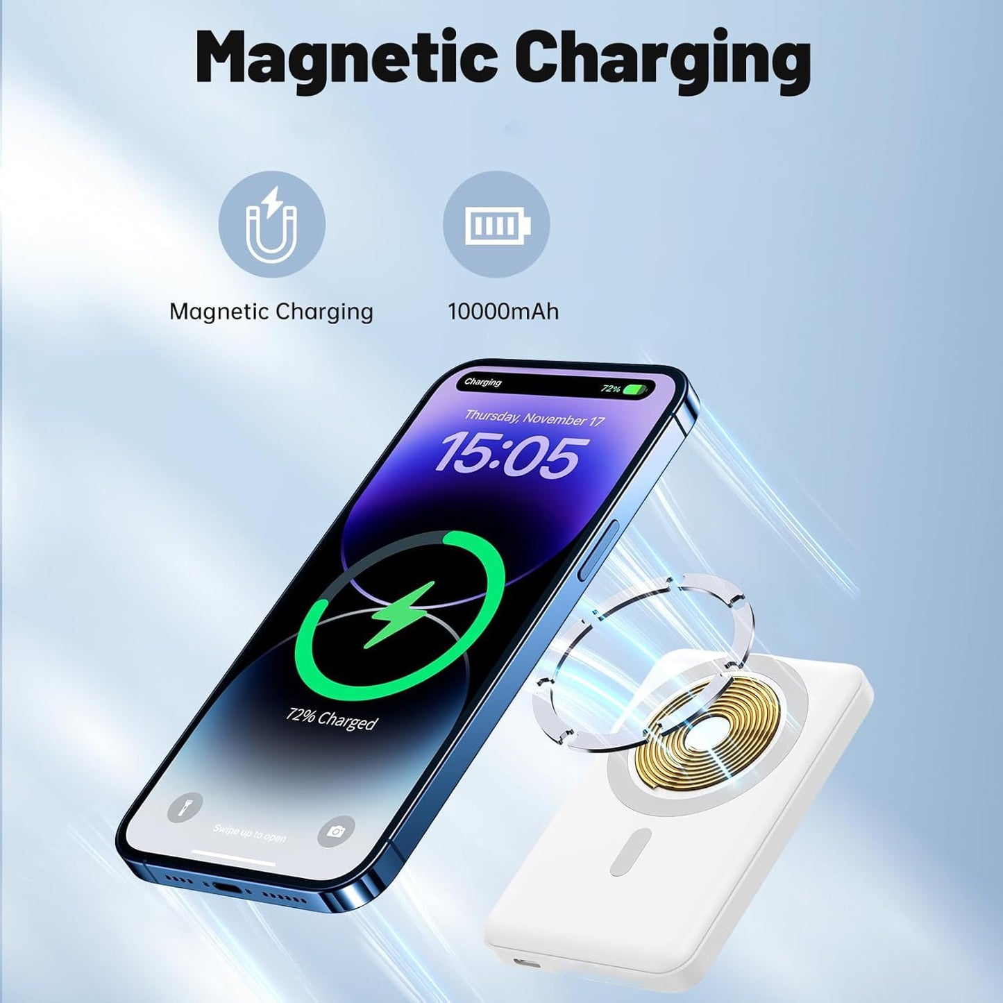 Magnetische Powerbank, 10000mAh, 20W kabelloses Schnellladen, Ultra Slim, für iPhone & Samsung