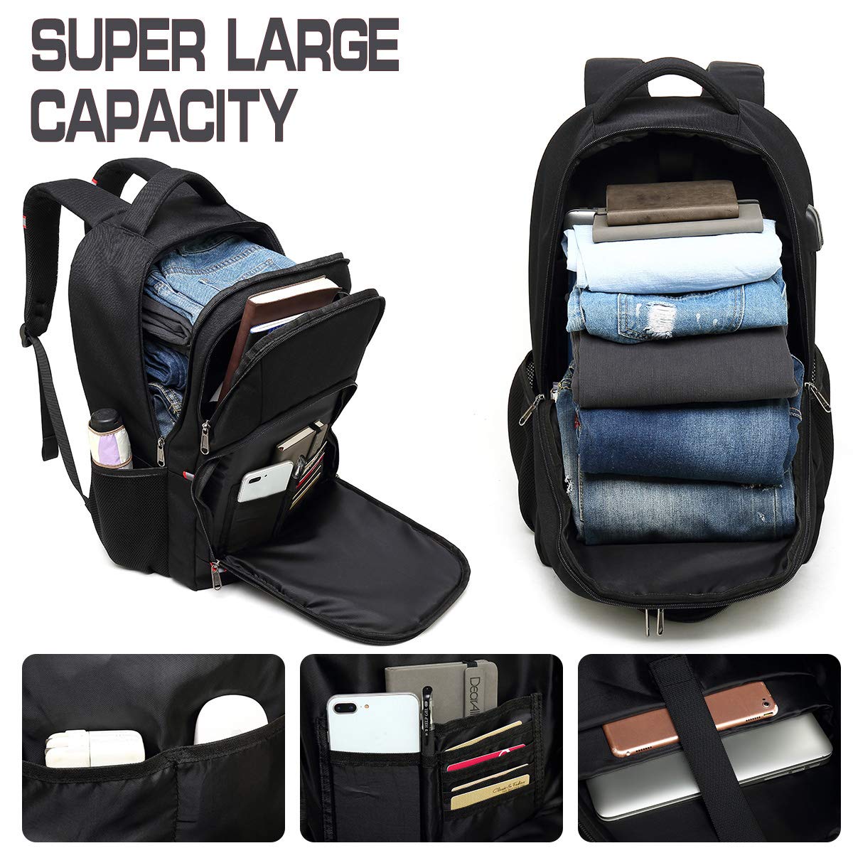 Della Gao Extra Großer Laptop-Rucksack, Diebstahlschutz, Business & Reise, mit USB-Ladeanschluss, 43,2 cm, Schwarz