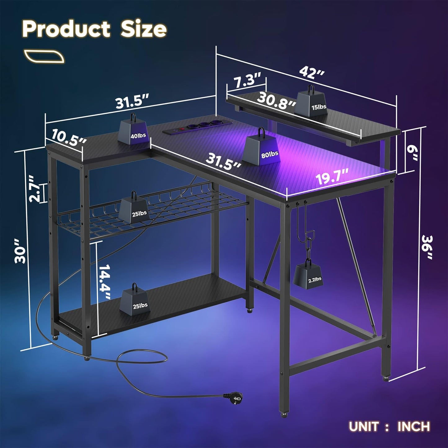 Bestier L-Form Gaming Eckschreibtisch 106,5 cm, umkehrbar, mit LED & Steckdosen, Regale
