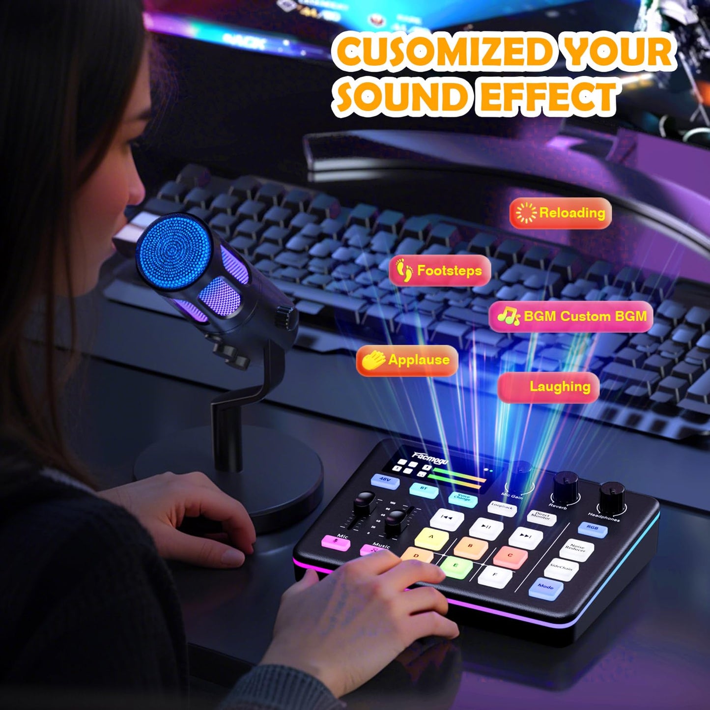 Facmogu G9 Gaming Audio Mixer mit XLR/3.5mm Mic In, 48V Phantom Power, Voice Changer, Bluetooth