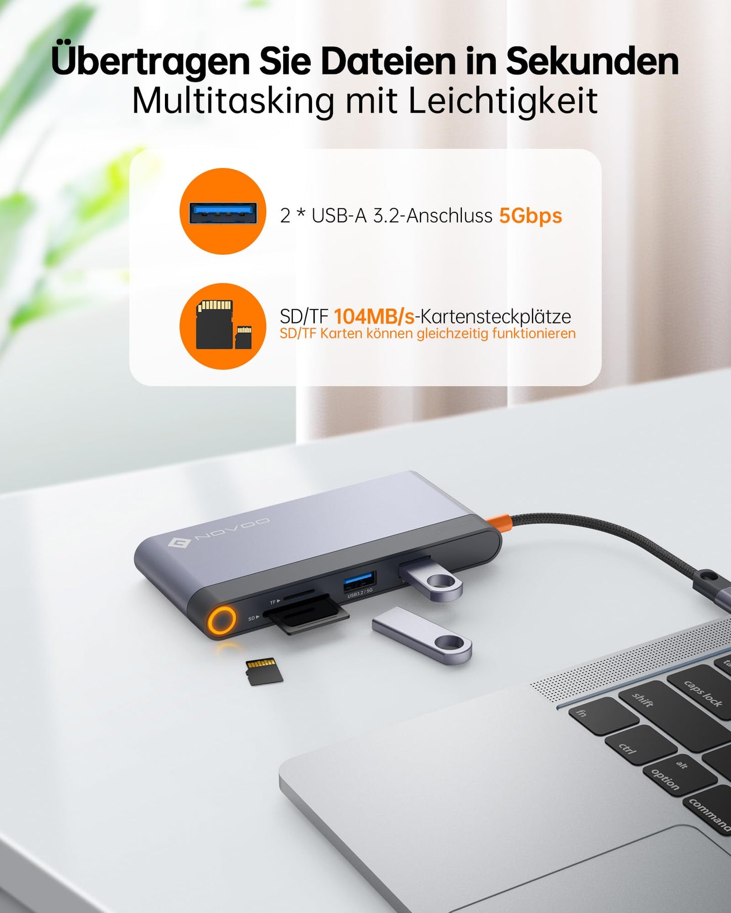 NOVOO 8-in-1 USB-C Dockingstation, Dual HDMI, Gigabit Ethernet, 100W PD, SD/TF-Kartenleser