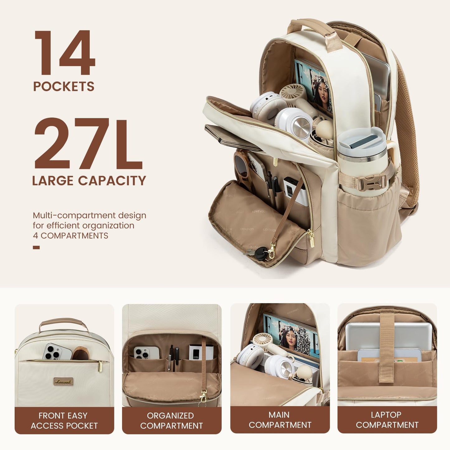 LOVEVOOK Damen Laptop Rucksack 15,6 Zoll, Reiserucksack mit Flaschenfach, Elegant