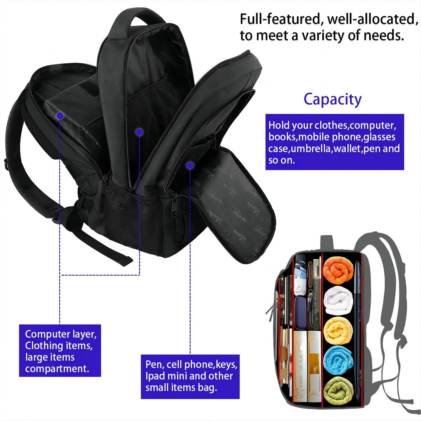 MATEIN Business Laptop Rucksack, 15,6 Zoll, mit USB-Ladeanschluss, wasserabweisend, Schwarz