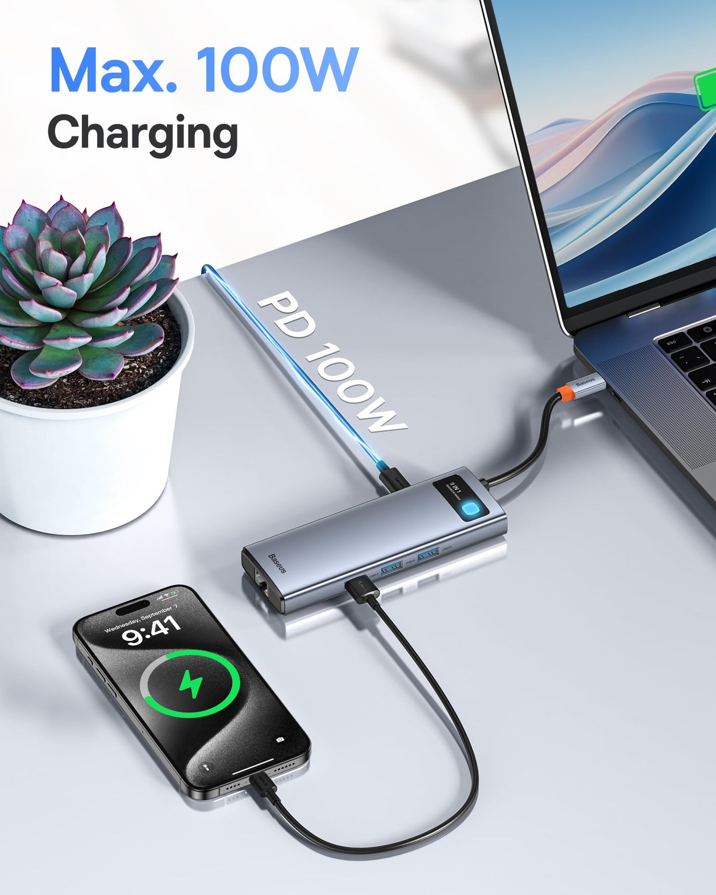 Baseus 9-in-1 USB-C Dockingstation, Dual 4K@120Hz HDMI, Gigabit Ethernet, 100W PD, USB 3.0, SD/TF-Kartenleser