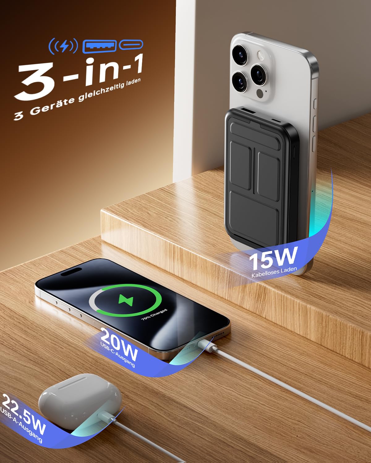 MagSafe Powerbank, 10000mAh, 22.5W Schnellladung, USB-C, mit LED-Display, für iPhone