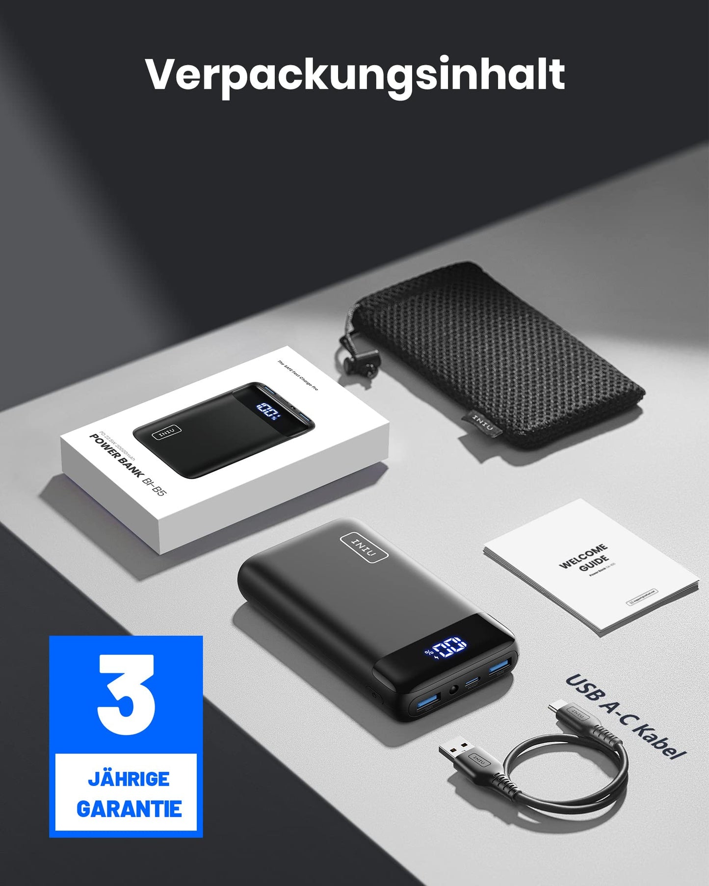 INIU Power Bank 20000mAh, 22.5W Schnellladung, 1x USB-C, 2x USB-A, LED Display, Mini Powerbank für iPhone, Samsung, iPad, Outdoor