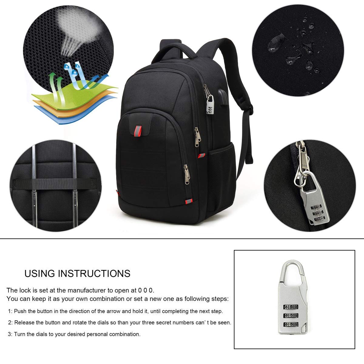Della Gao Extra Großer Laptop-Rucksack, Diebstahlschutz, Business & Reise, mit USB-Ladeanschluss, 43,2 cm, Schwarz