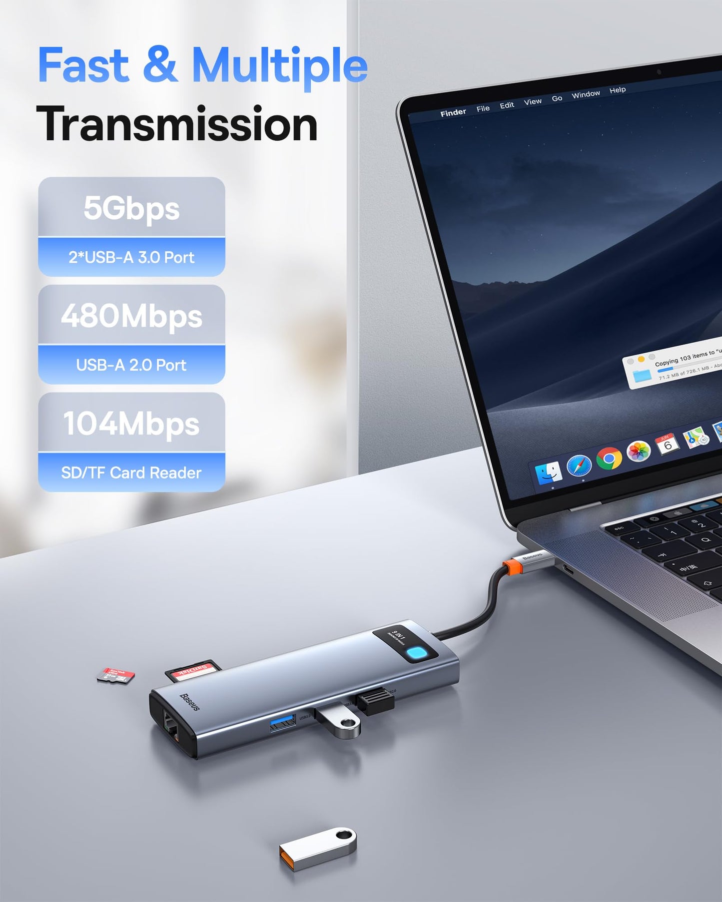 Baseus 9-in-1 USB-C Dockingstation, Dual 4K@120Hz HDMI, Gigabit Ethernet, 100W PD, USB 3.0, SD/TF-Kartenleser