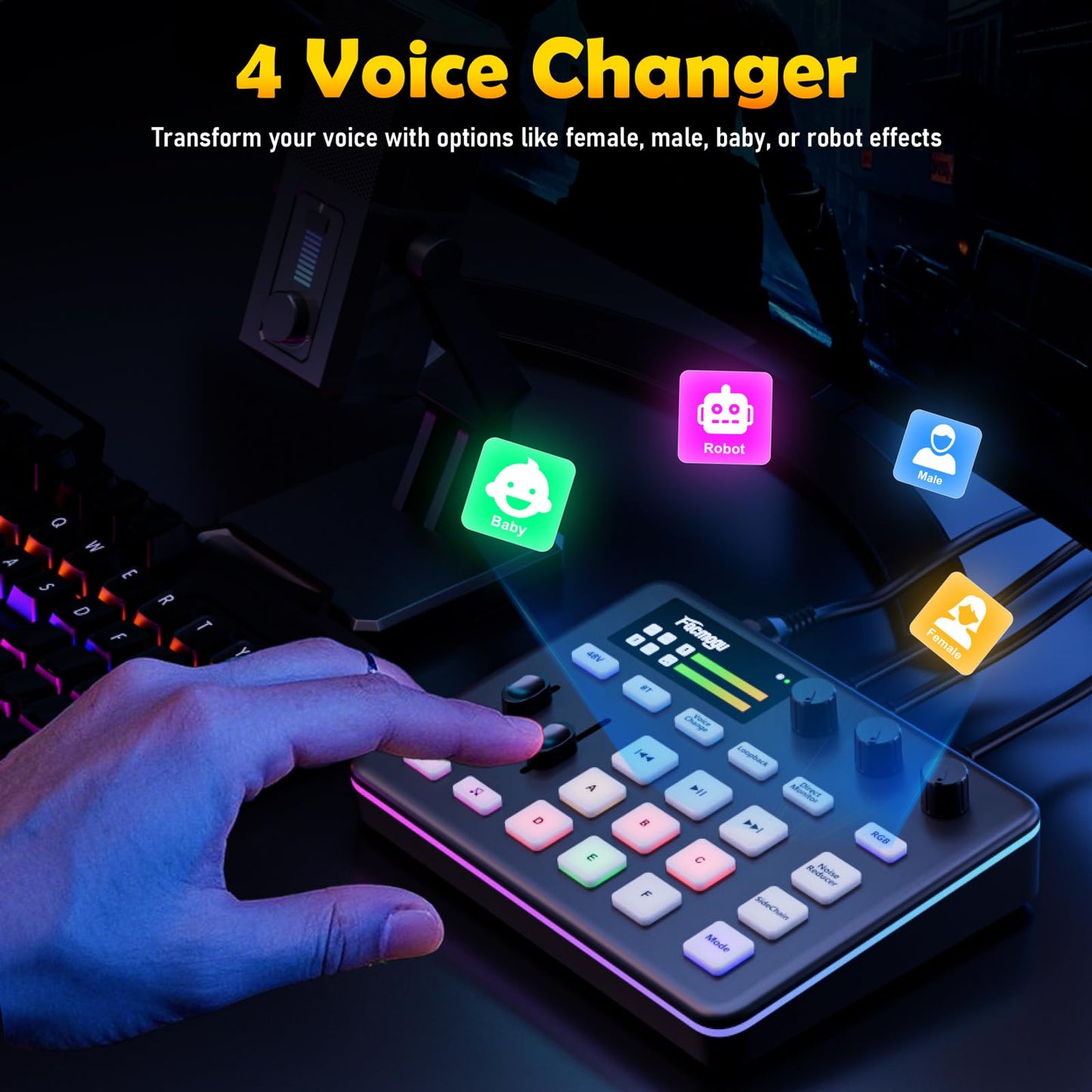 Facmogu G9 Gaming Audio Mixer mit XLR/3.5mm Mic In, 48V Phantom Power, Voice Changer, Bluetooth