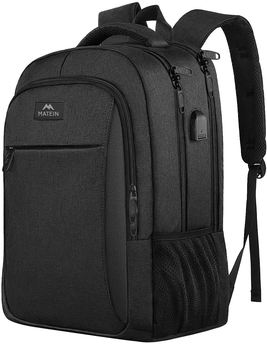 MATEIN Business Laptop Rucksack, 15,6 Zoll, mit USB-Ladeanschluss, wasserabweisend, Schwarz