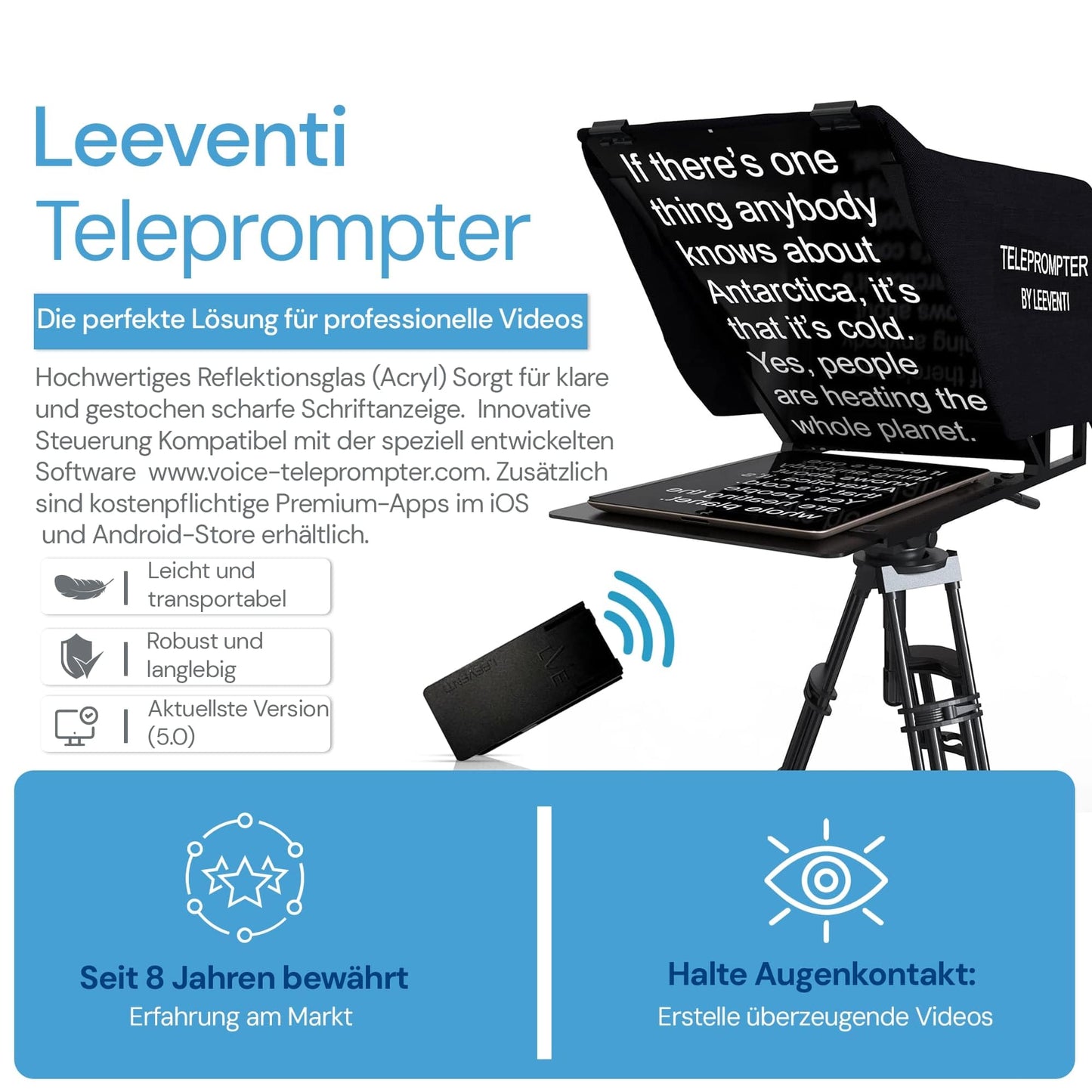 Leeventi Teleprompter für Tablets, Smartphones & DSLR-Kameras, mit Fernbedienung & App-Steuerung