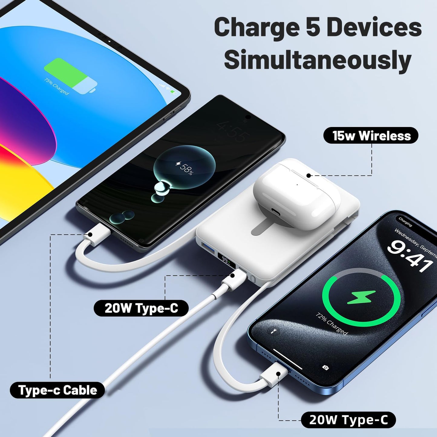 Azmuth MagSafe Power Bank, 10000mAh, magnetisch, kabelloses Laden, für iPhone