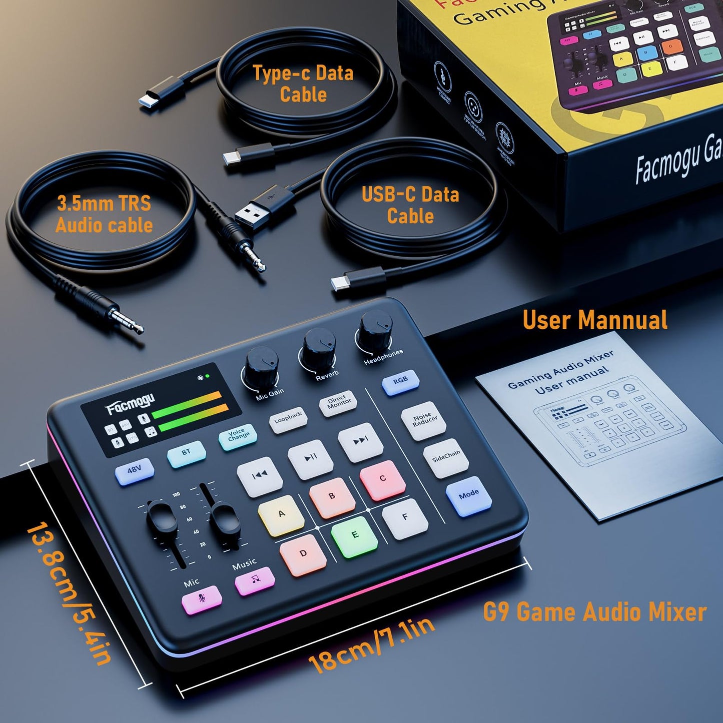 Facmogu G9 Gaming Audio Mixer mit XLR/3.5mm Mic In, 48V Phantom Power, Voice Changer, Bluetooth