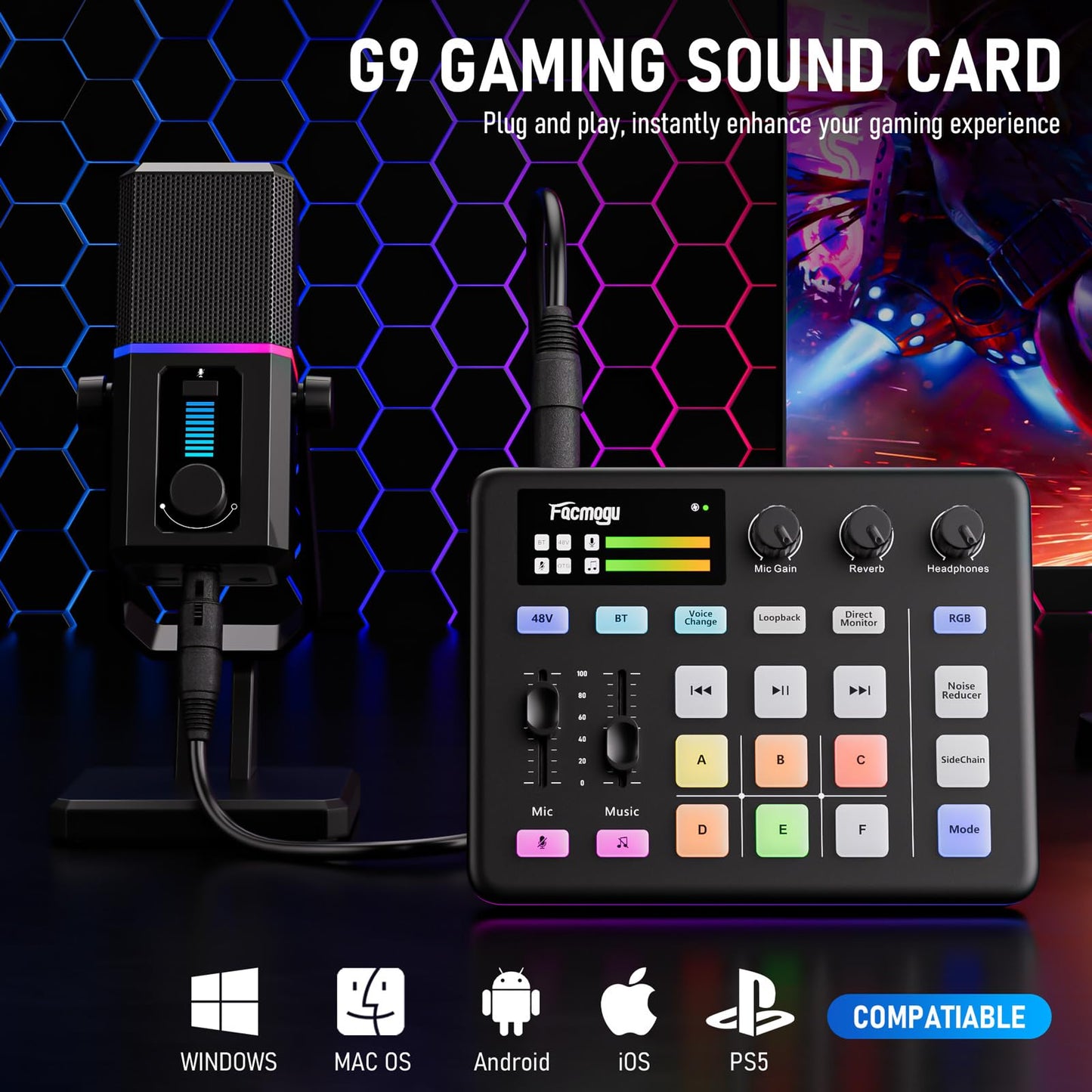 Facmogu G9 Gaming Audio Mixer mit XLR/3.5mm Mic In, 48V Phantom Power, Voice Changer, Bluetooth