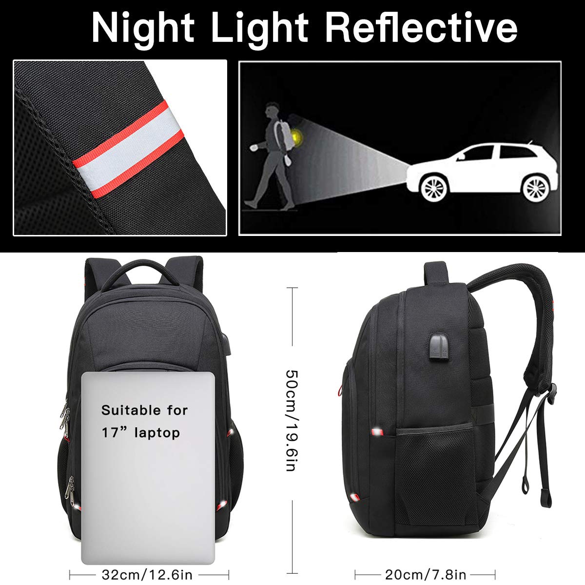 Della Gao Extra Großer Laptop-Rucksack, Diebstahlschutz, Business & Reise, mit USB-Ladeanschluss, 43,2 cm, Schwarz