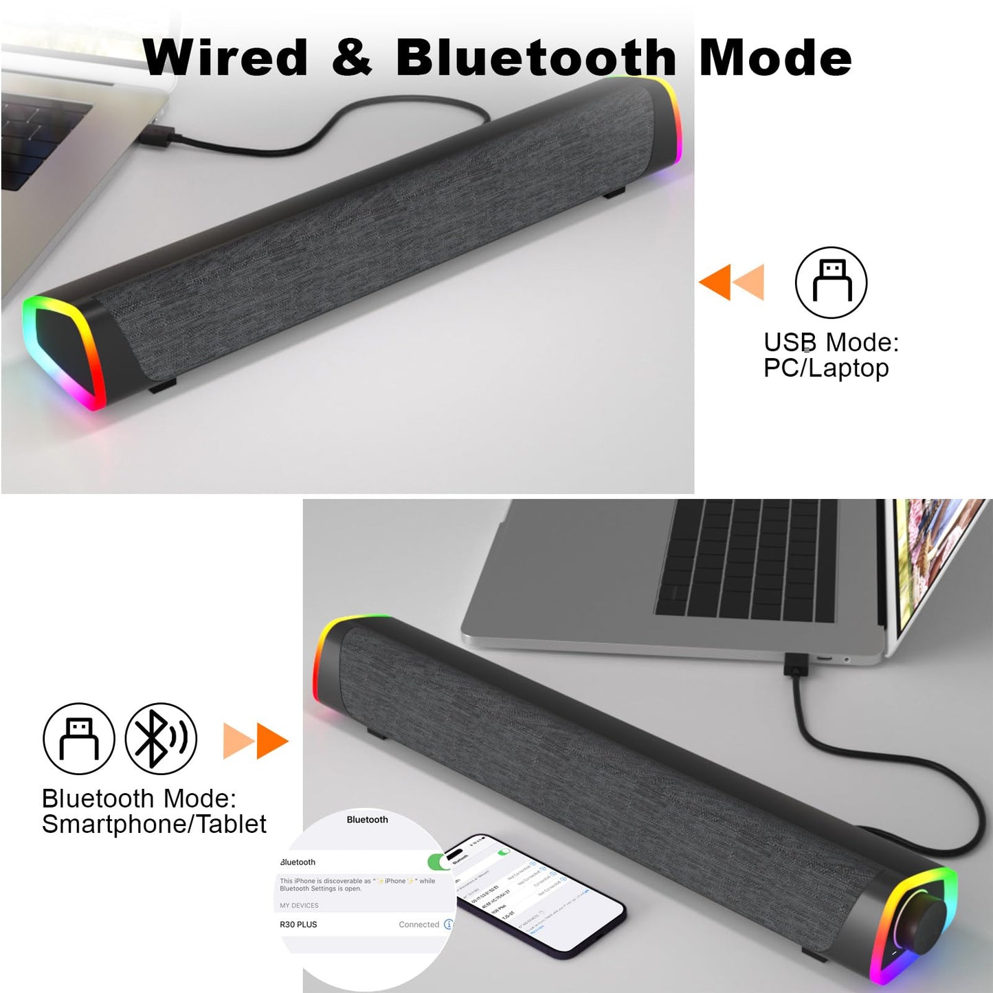 SOULION R30 Plus USB Bluetooth PC Soundbar mit LED-Lichtern, tragbar, Schwarz