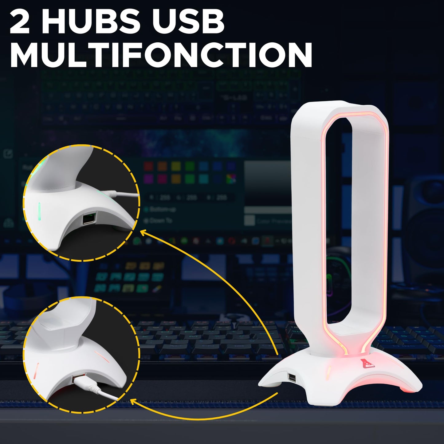THE G-LAB K-Stand Radon Gaming-Kopfhörerständer mit RGB & USB-Hub, für PC & Konsolen, Weiß