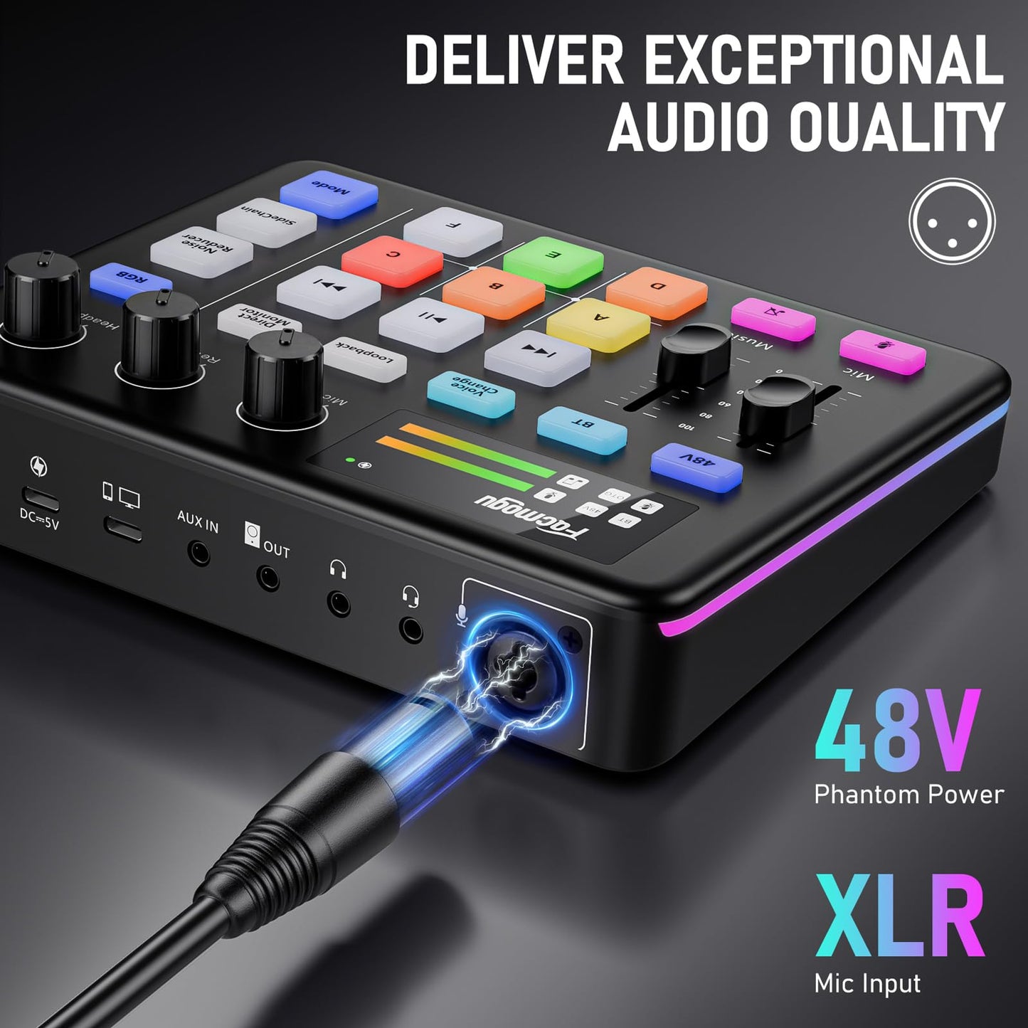 Facmogu G9 Gaming Audio Mixer mit XLR/3.5mm Mic In, 48V Phantom Power, Voice Changer, Bluetooth