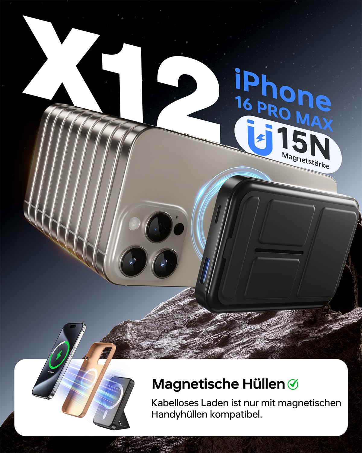 MagSafe Powerbank, 10000mAh, 22.5W Schnellladung, USB-C, mit LED-Display, für iPhone