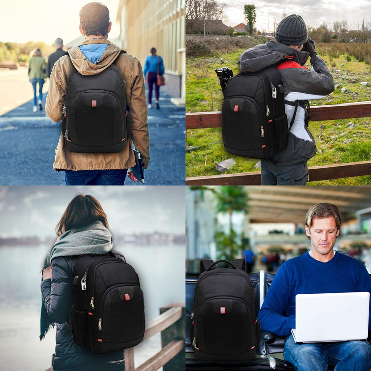 Della Gao Extra Großer Laptop-Rucksack, Diebstahlschutz, Business & Reise, mit USB-Ladeanschluss, 43,2 cm, Schwarz