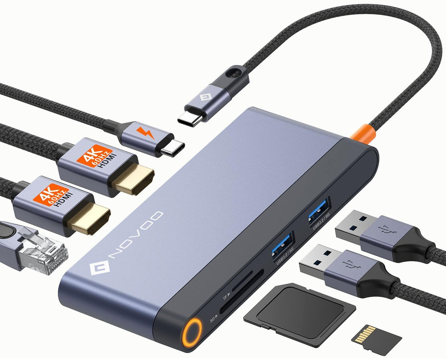 NOVOO 8-in-1 USB-C Dockingstation, Dual HDMI, Gigabit Ethernet, 100W PD, SD/TF-Kartenleser