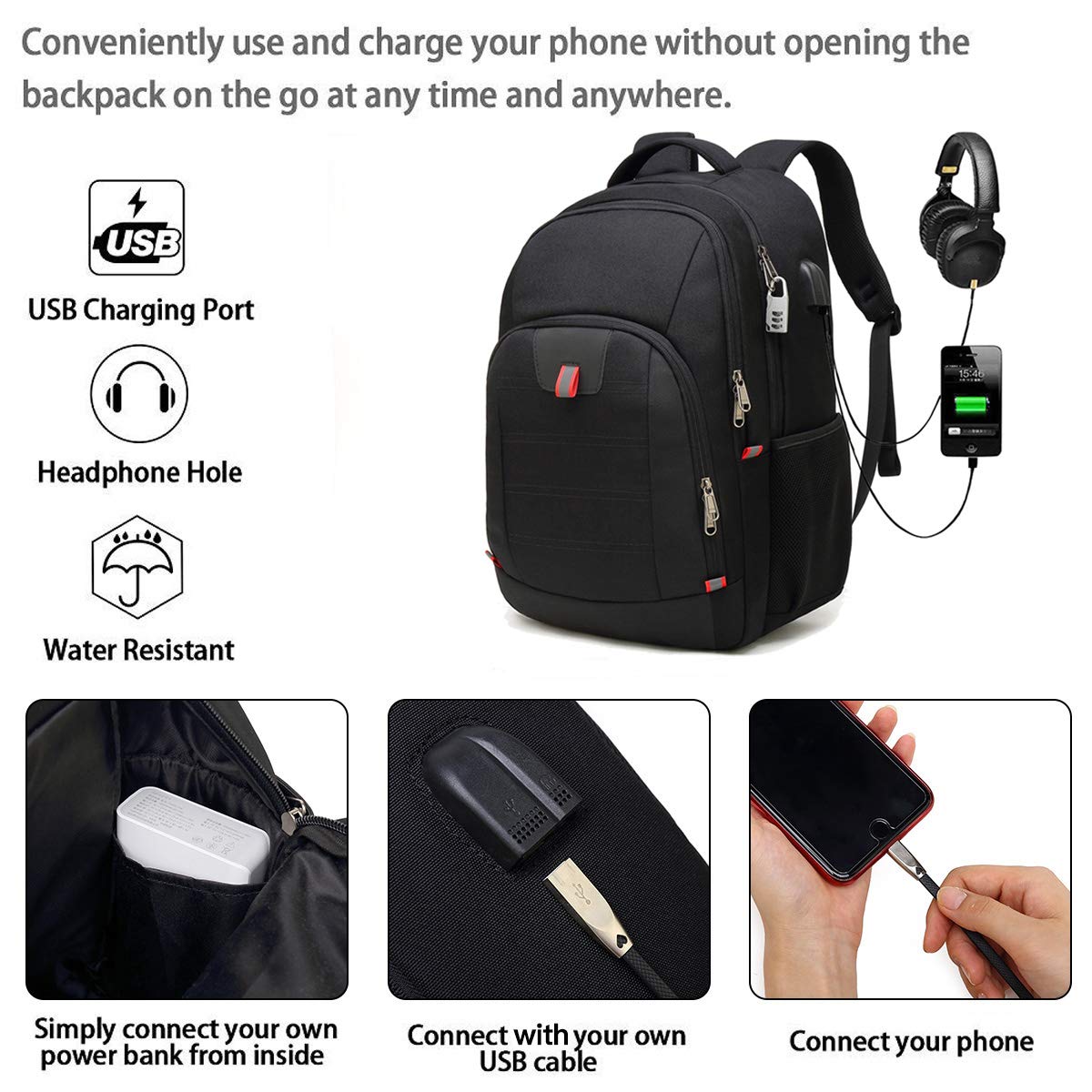 Della Gao Extra Großer Laptop-Rucksack, Diebstahlschutz, Business & Reise, mit USB-Ladeanschluss, 43,2 cm, Schwarz