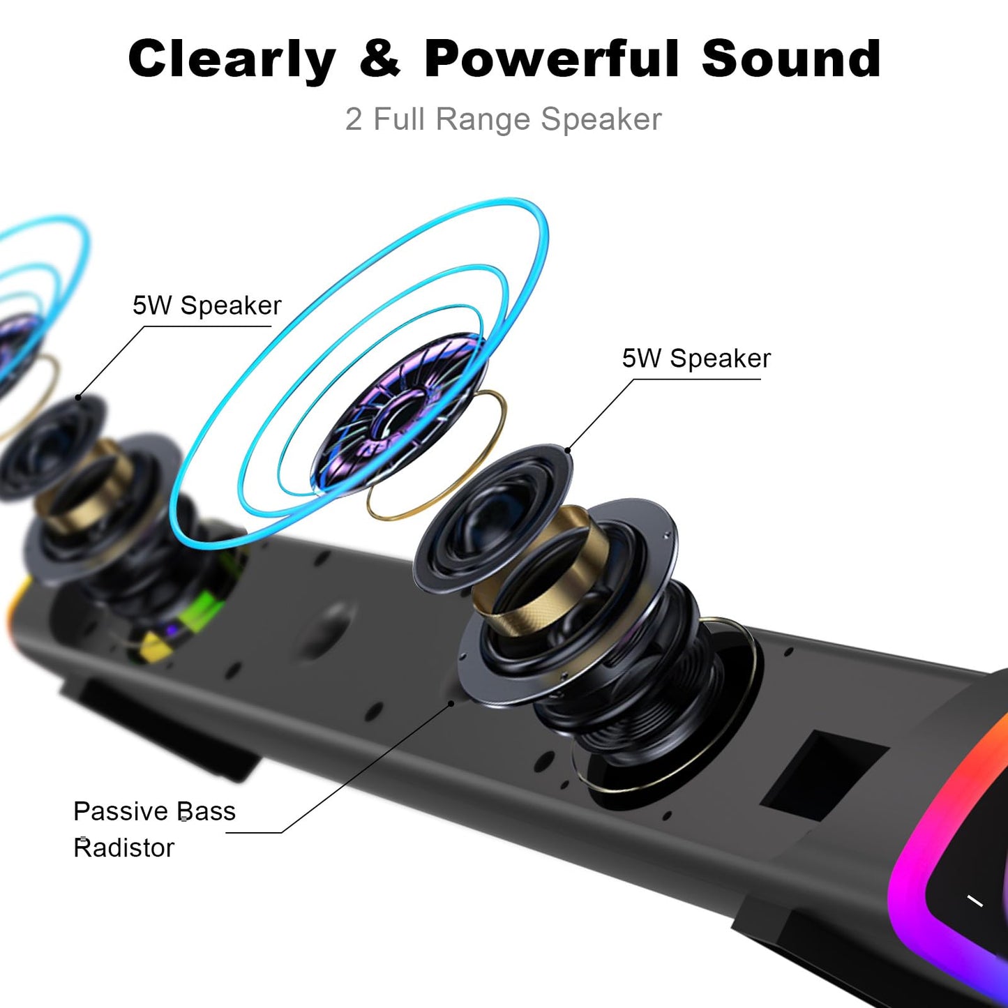 SOULION R30 Plus USB Bluetooth PC Soundbar mit LED-Lichtern, tragbar, Schwarz