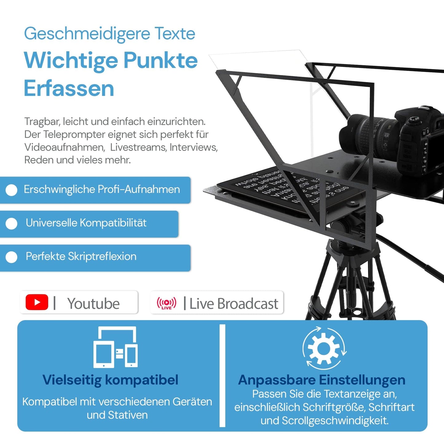 Leeventi Teleprompter für Tablets, Smartphones & DSLR-Kameras, mit Fernbedienung & App-Steuerung