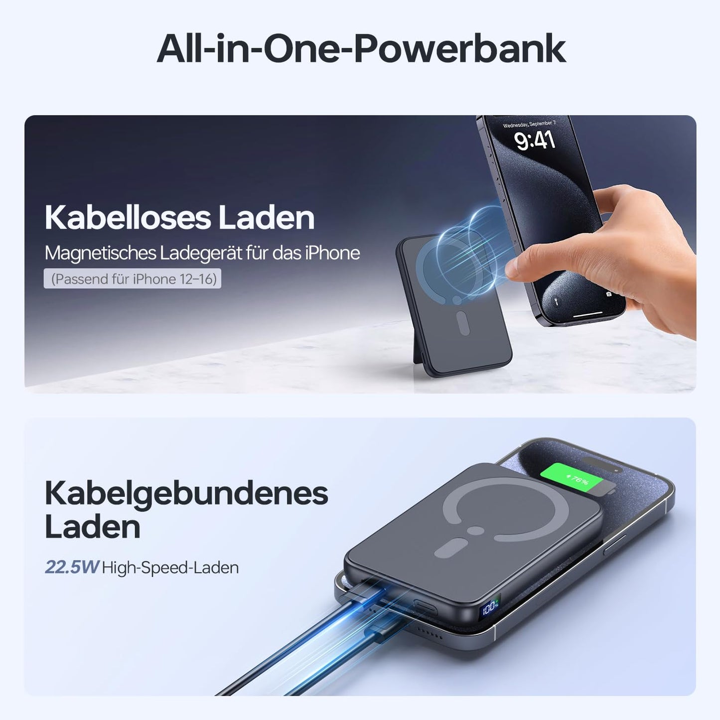 MagSafe Powerbank, 12000mAh, 22.5W, kabellos & USB-C/A, mit LED-Anzeige, für iPhone