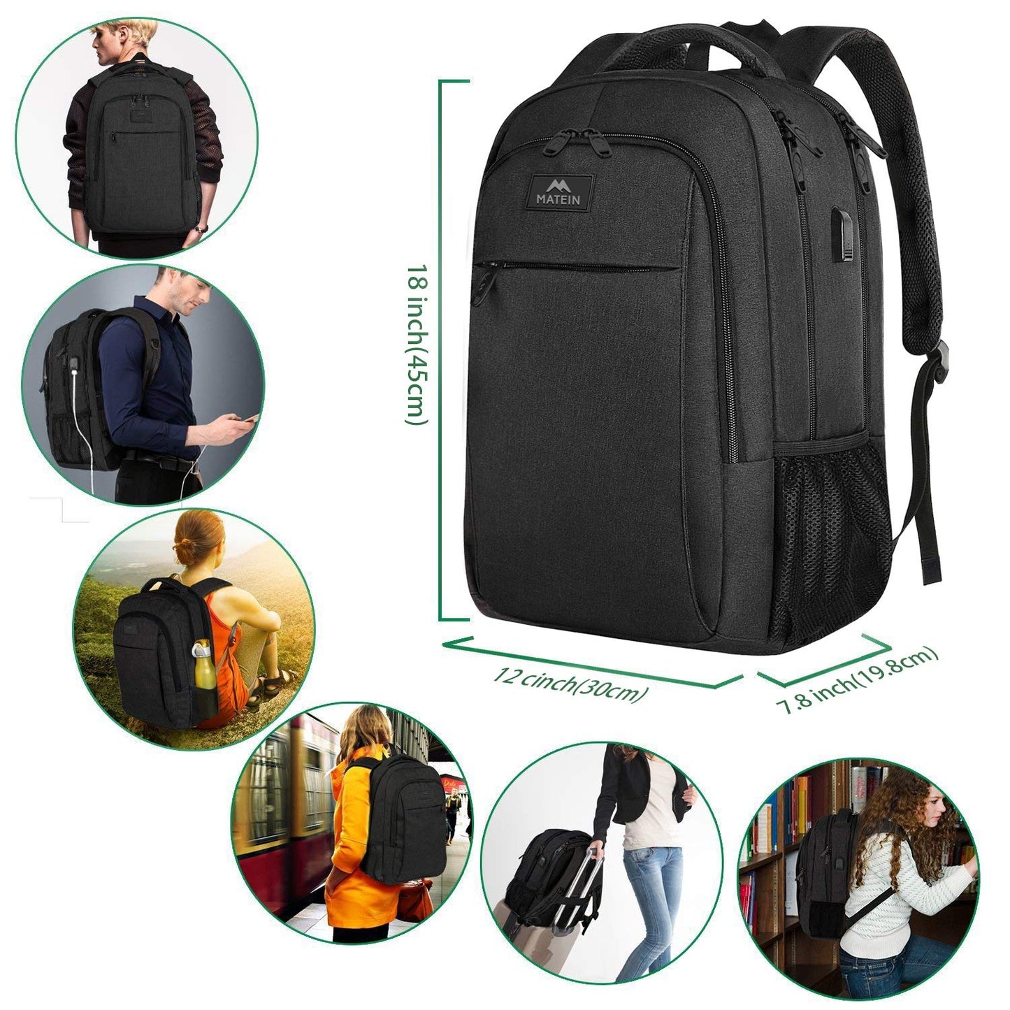 MATEIN Business Laptop Rucksack, 15,6 Zoll, mit USB-Ladeanschluss, wasserabweisend, Schwarz