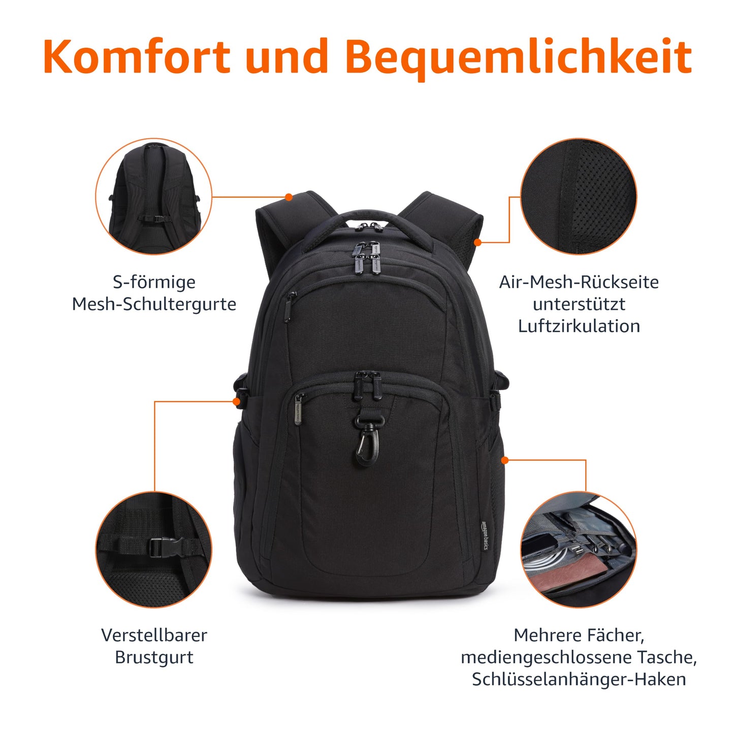 Basics Laptop-Rucksack für 17 Zoll, Schwarz