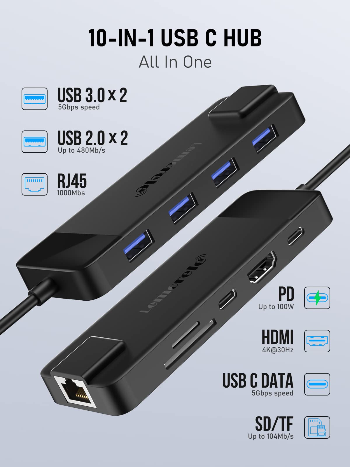 Lemorele 10-in-1 USB-C Dockingstation mit Gigabit Ethernet, 4K HDMI, USB 3.0 & SD/TF-Kartenleser