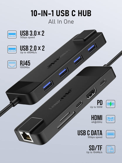 Lemorele 10-in-1 USB-C Dockingstation mit Gigabit Ethernet, 4K HDMI, USB 3.0 & SD/TF-Kartenleser