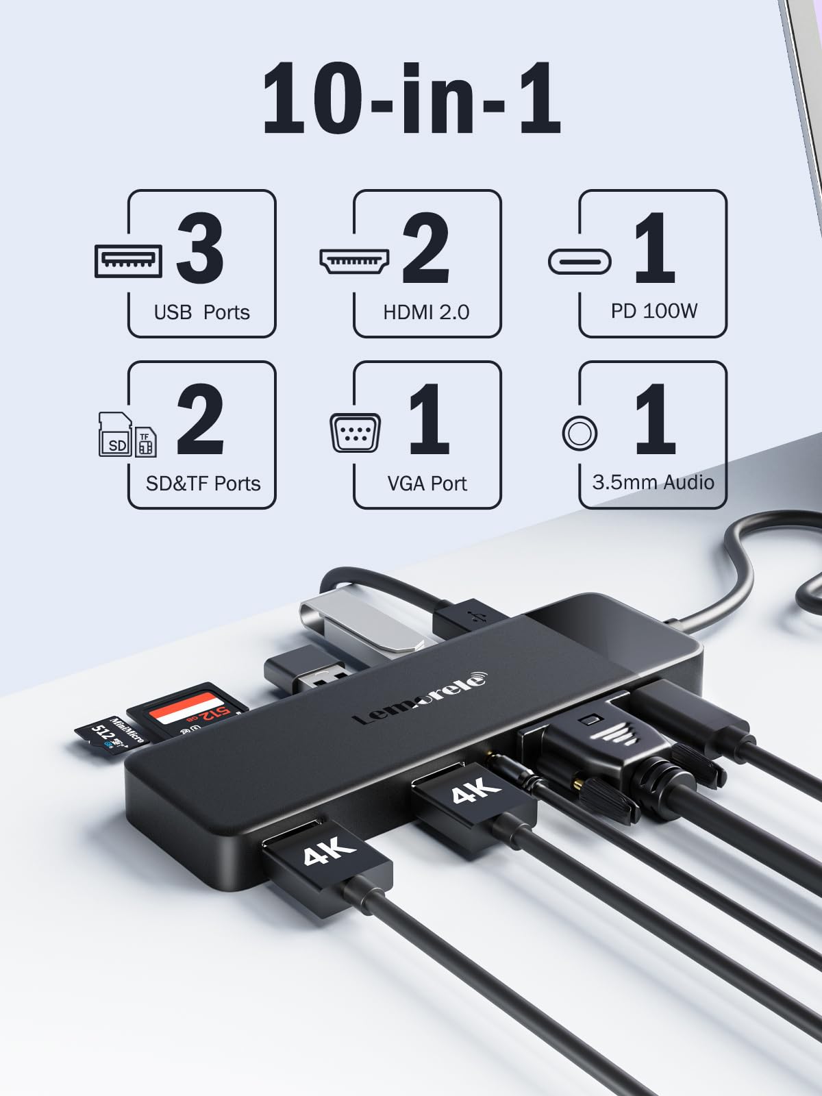 Lemorele 11-in-1 USB-C Dockingstation, Triple-Display, Dual 4K HDMI, 100W PD