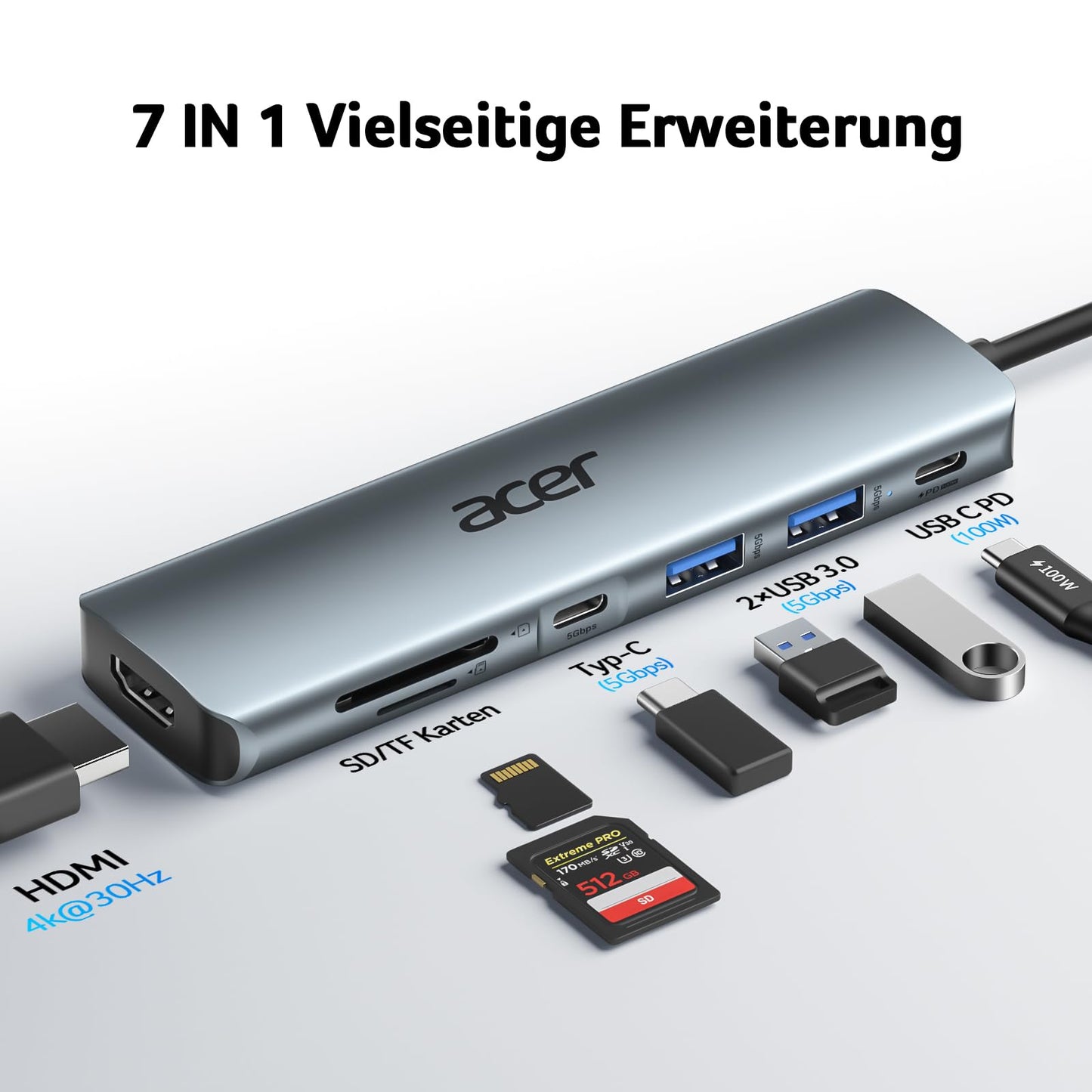 Acer 7-in-1 USB-C Hub aus Aluminium, mit 4K HDMI, USB 3.0 & PD-Ladeanschluss, Grau