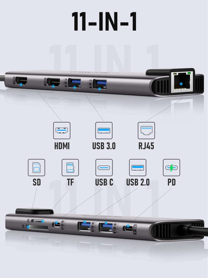 Aluminium USB-C Dockingstation, 11-in-1, Dual HDMI, 100W PD, Gigabit Ethernet, USB 3.0, SD/TF-Kartenleser