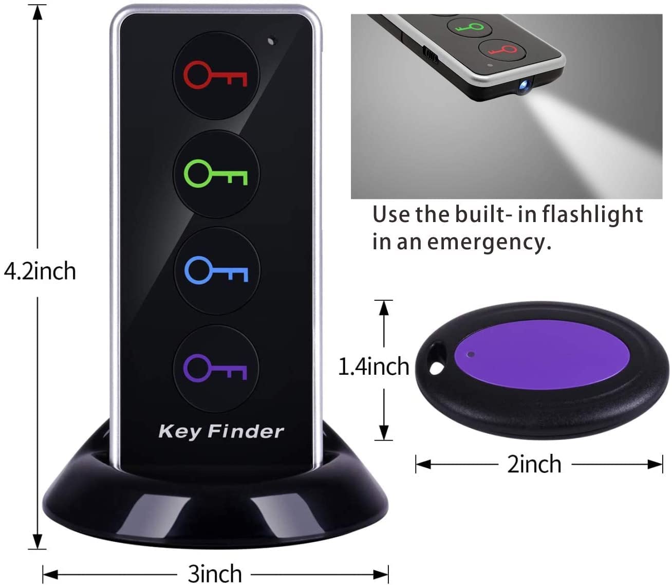 Reyke Schlüsselfinder mit 4 Empfängern, RF-Sender mit LED-Taschenlampe, für Schlüssel & Brieftasche
