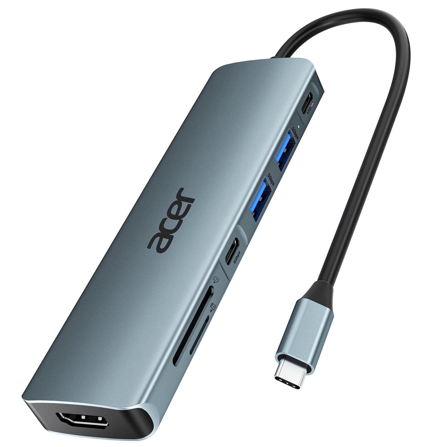 Acer 7-in-1 USB-C Hub aus Aluminium, mit 4K HDMI, USB 3.0 & PD-Ladeanschluss, Grau