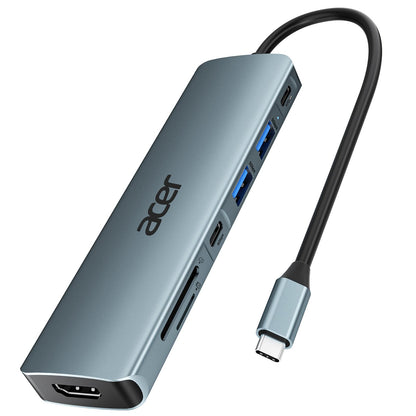 Acer 7-in-1 USB-C Hub aus Aluminium, mit 4K HDMI, USB 3.0 & PD-Ladeanschluss, Grau