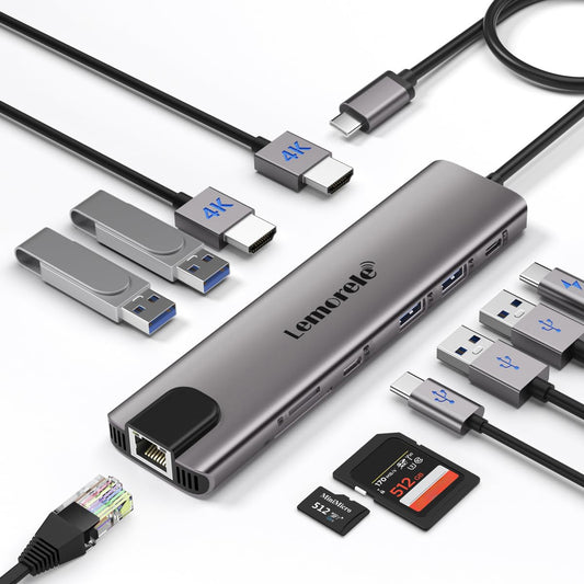 Aluminium USB-C Dockingstation, 11-in-1, Dual HDMI, 100W PD, Gigabit Ethernet, USB 3.0, SD/TF-Kartenleser