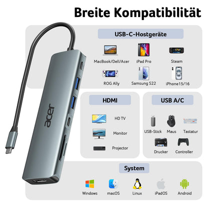 Acer 7-in-1 USB-C Hub aus Aluminium, mit 4K HDMI, USB 3.0 & PD-Ladeanschluss, Grau