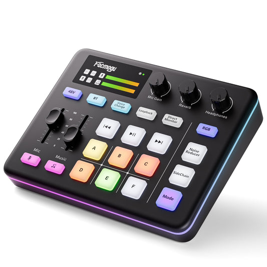 Facmogu G9 Gaming Audio Mixer mit XLR/3.5mm Mic In, 48V Phantom Power, Voice Changer, Bluetooth