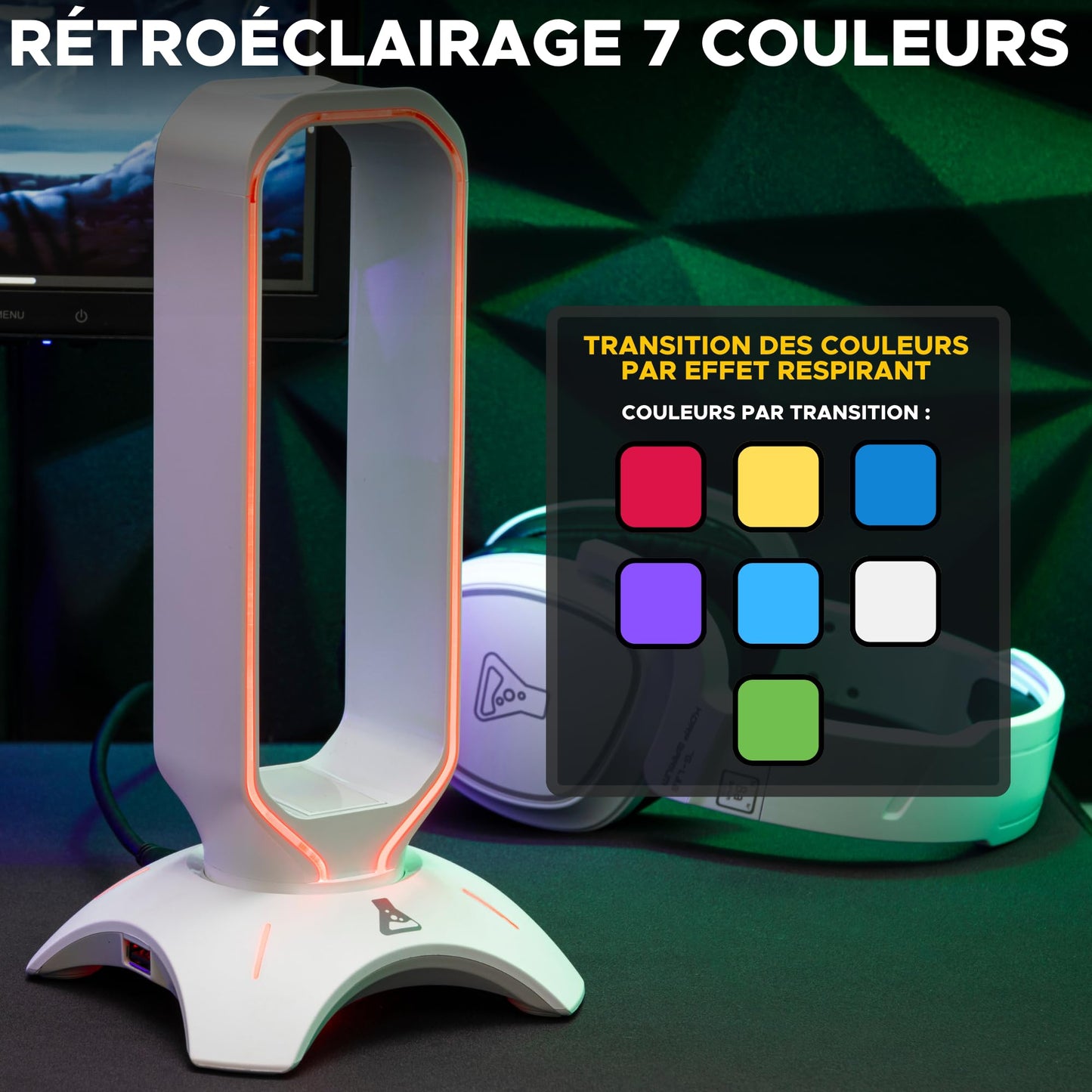 THE G-LAB K-Stand Radon Gaming-Kopfhörerständer mit RGB & USB-Hub, für PC & Konsolen, Weiß