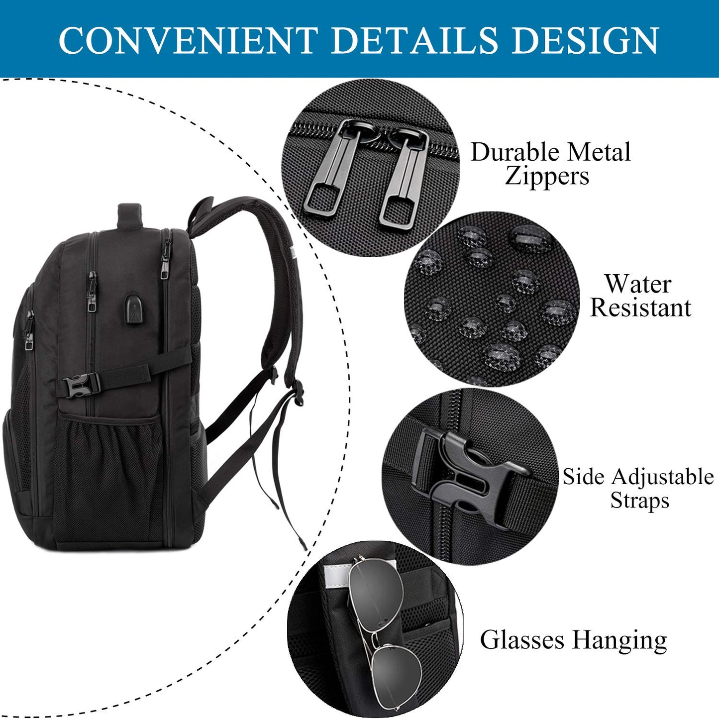 Extra Großer 50L Laptop Rucksack 17 Zoll, wasserdicht, mit USB-Anschluss, für Business & Reisen, Schwarz