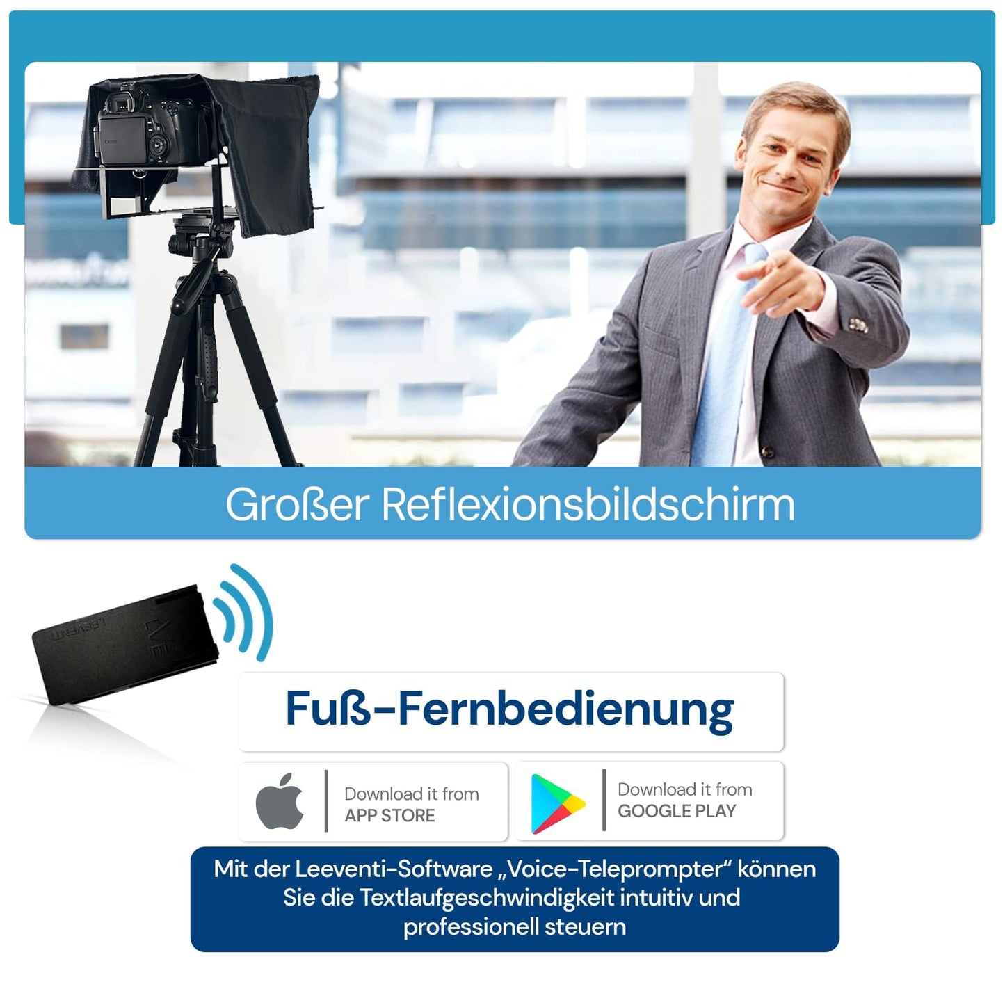Leeventi Teleprompter für Tablets, Smartphones & DSLR-Kameras, mit Fernbedienung & App-Steuerung