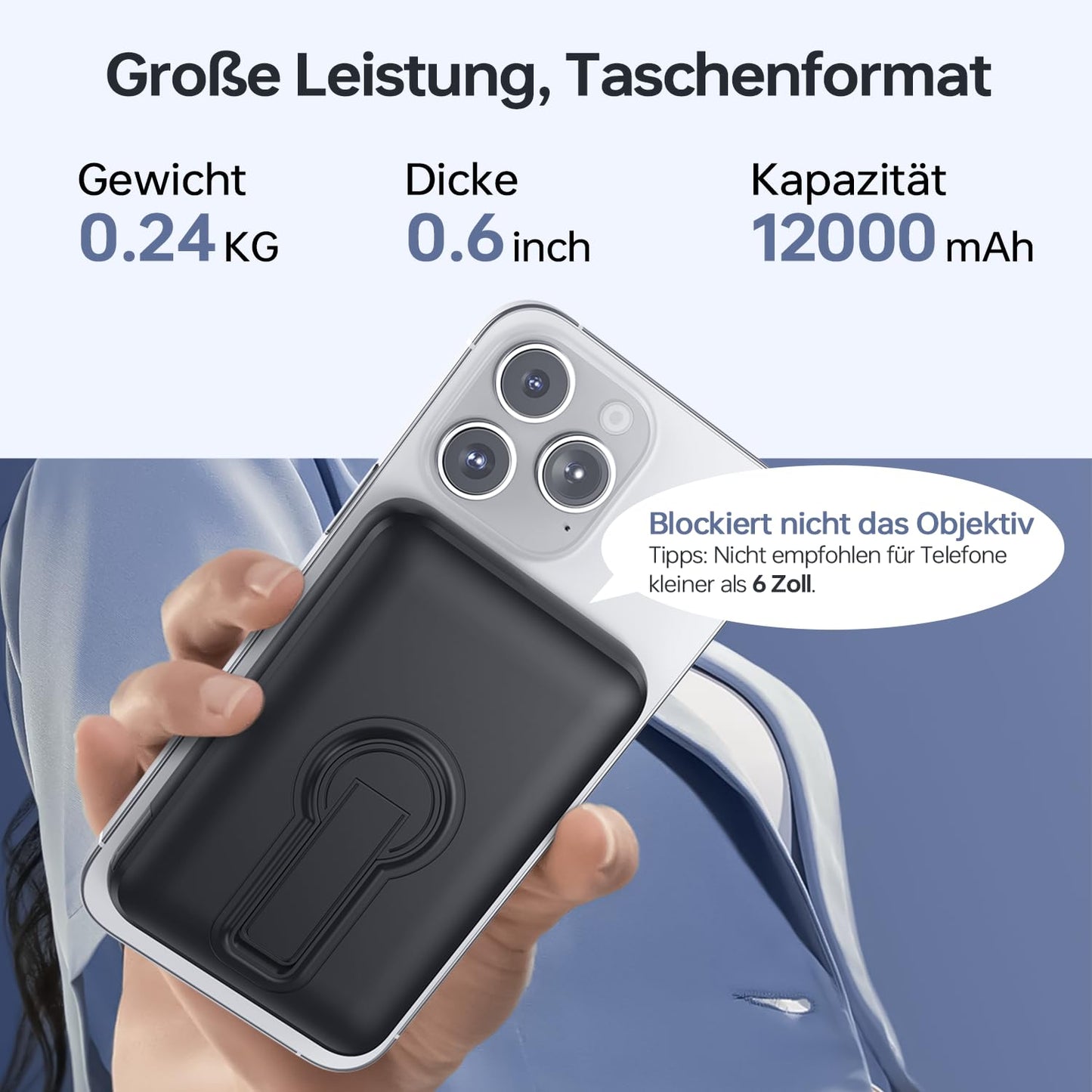 MagSafe Powerbank, 12000mAh, 22.5W, kabellos & USB-C/A, mit LED-Anzeige, für iPhone