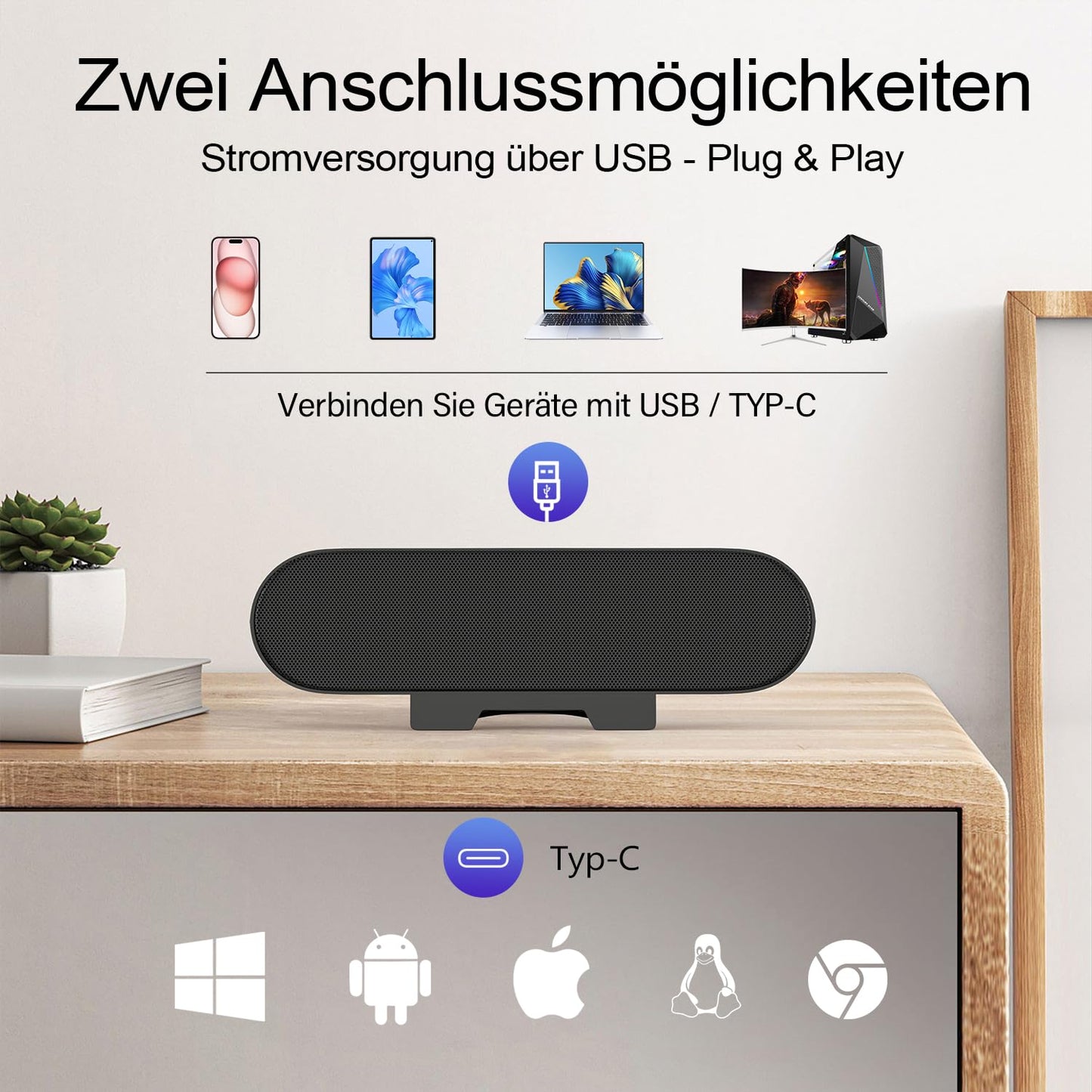 ZETIY USB PC Lautsprecher, tragbare Mini-Soundbar mit Clip-On-Design, Schwarz