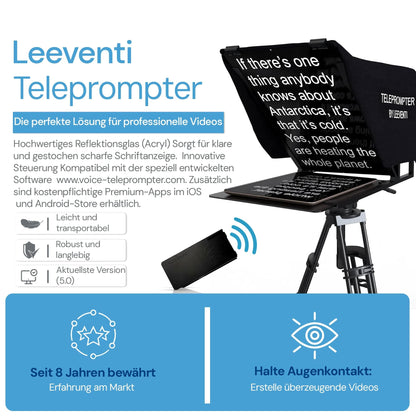 Leeventi Teleprompter für Tablets, Smartphones & DSLR-Kameras, mit Fernbedienung & App-Steuerung